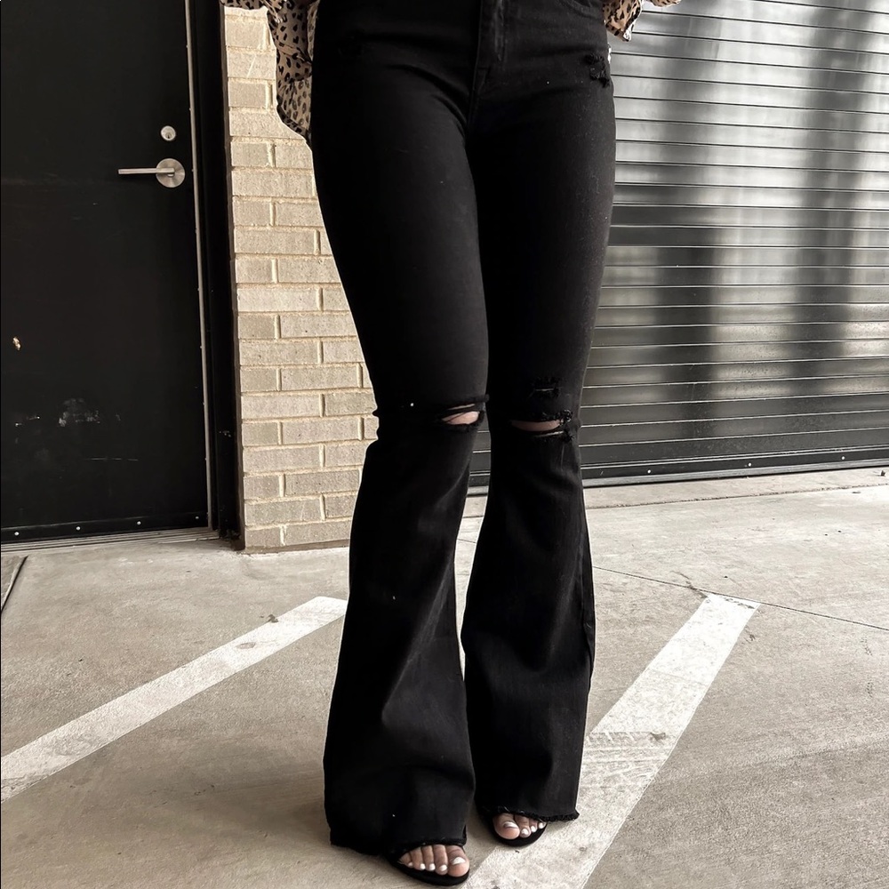 High Rise Flared Black Denim